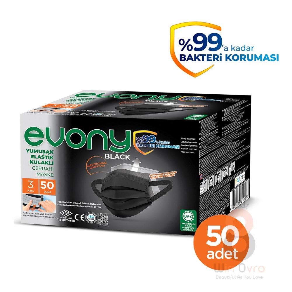 Evony Maske Black Elastik Kulaklı 50 Adet