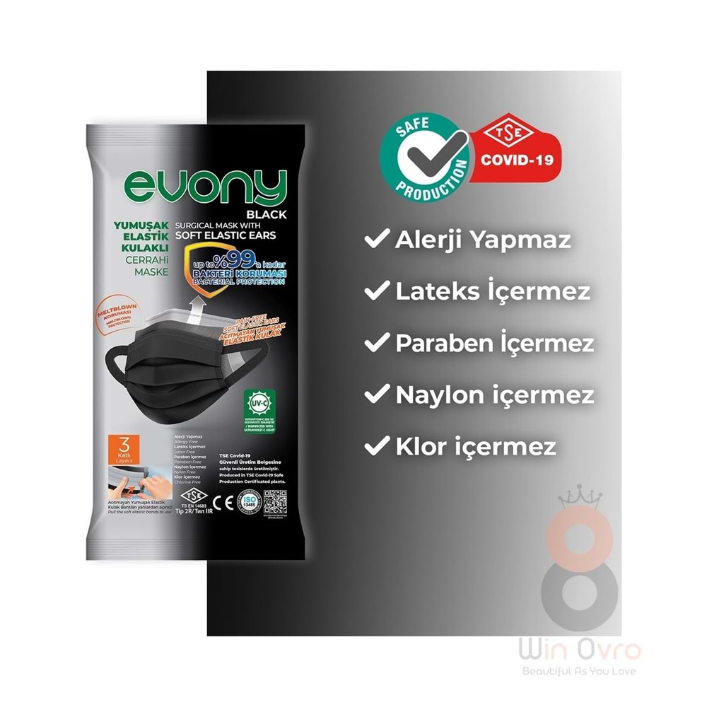 Evony Black Elastik Kulaklı Siyah Maske 10'lu