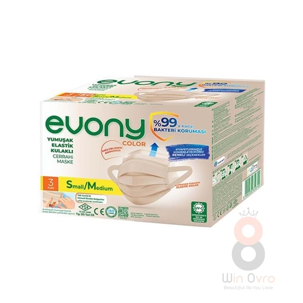 Evony 3 Katlı Telli Yumuşak Elastik Kulaklı Maske 50'li Bej