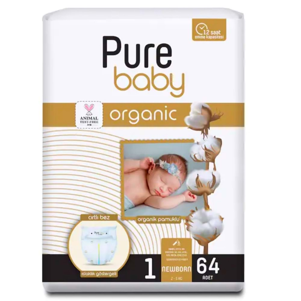 Pure Baby Organik Pamuklu Cırtlı Bez Tekli Paket 1 Numara Yenidogan 64 Adet