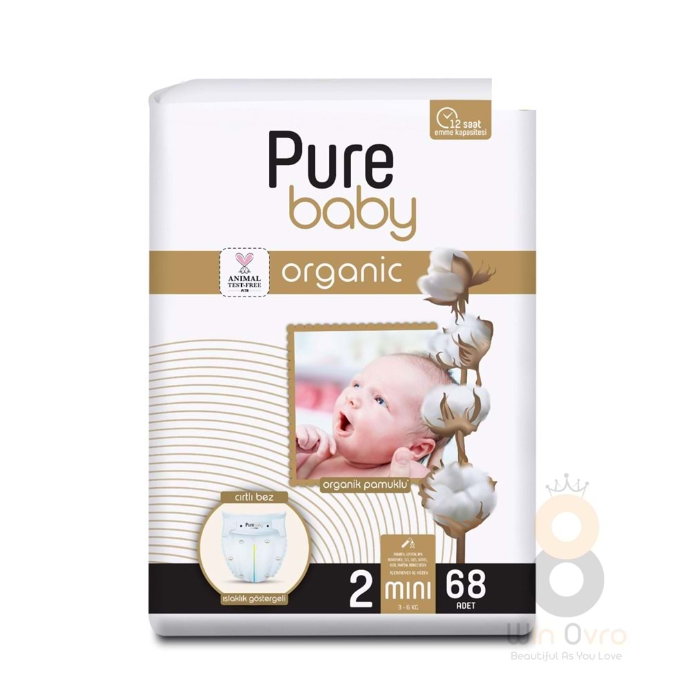 Pure Baby Organik Pamuklu Cırtlı Bez Tekli Paket 2 Numara Mini 68 Adet