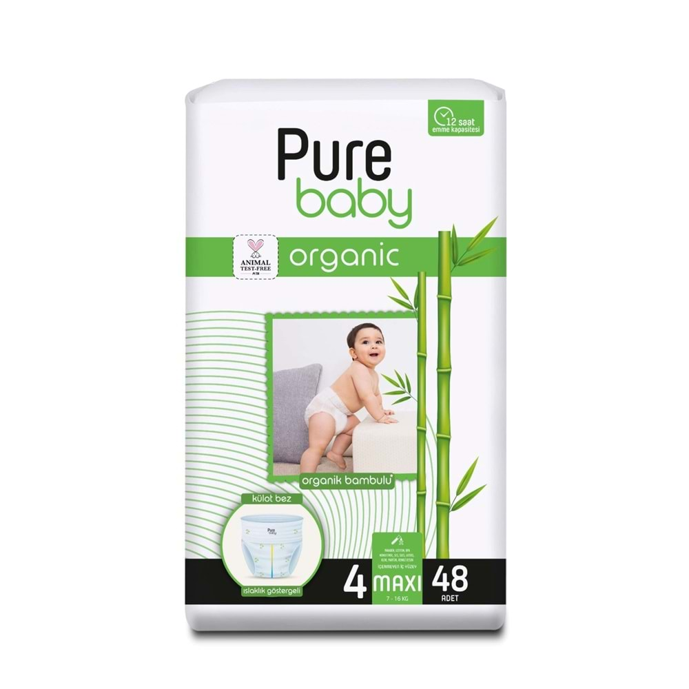 Pure Baby Organik Bambu Özlü Külot Bez Tekli Paket 4 Numara Maxi 48 Adet