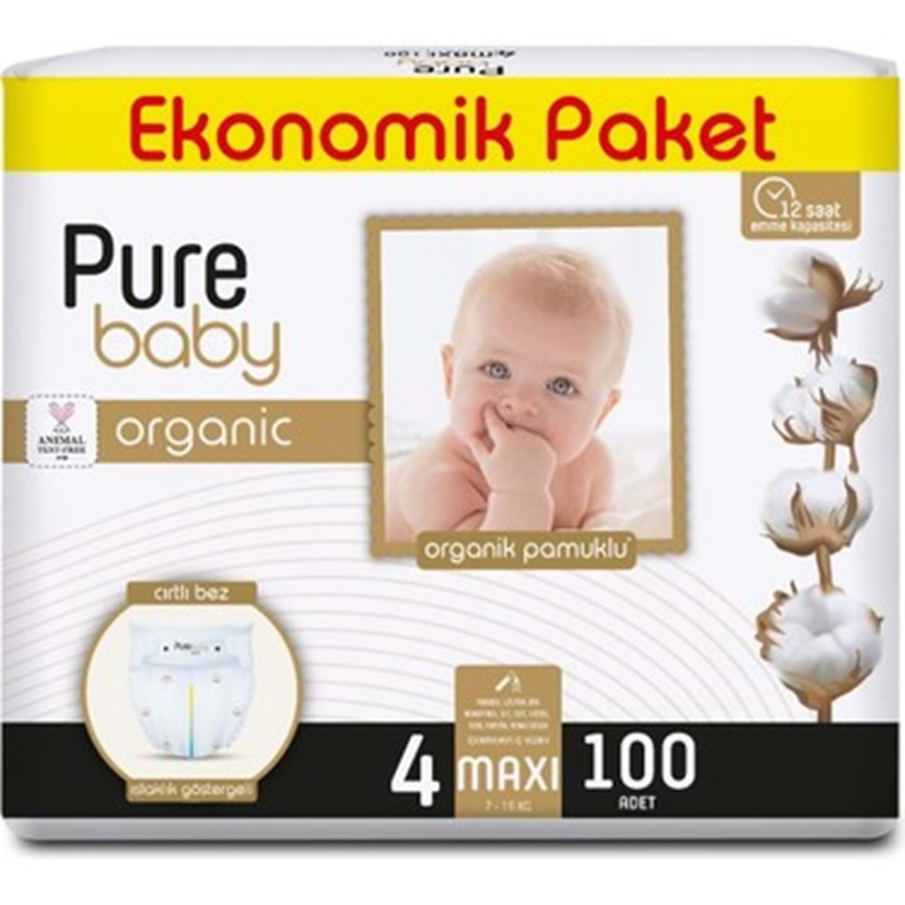 Pure Baby Organik Pamuklu Cırtlı Bez Ekonomik Paket 4 Numara Maxi 100 Adet