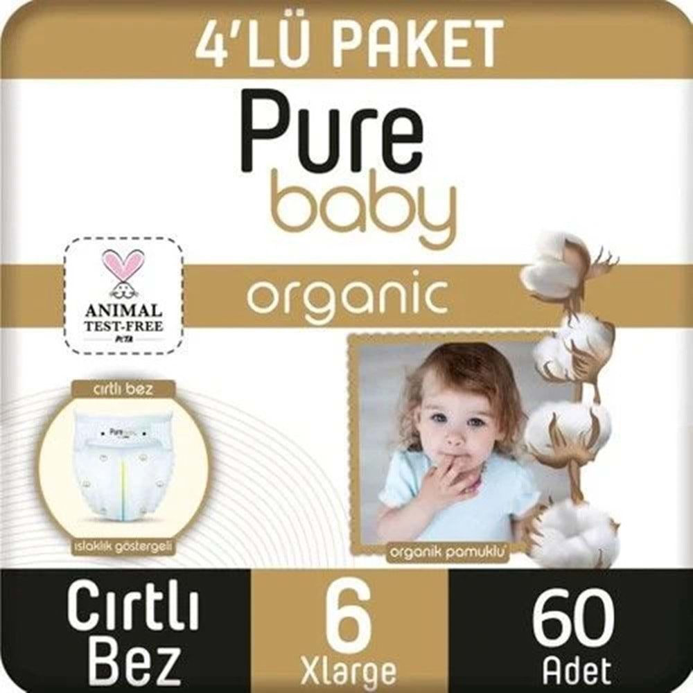 Pure Baby Organik Pamuklu Cırtlı Bez 6 Numara XL 60 Adet Ekonomik Paket