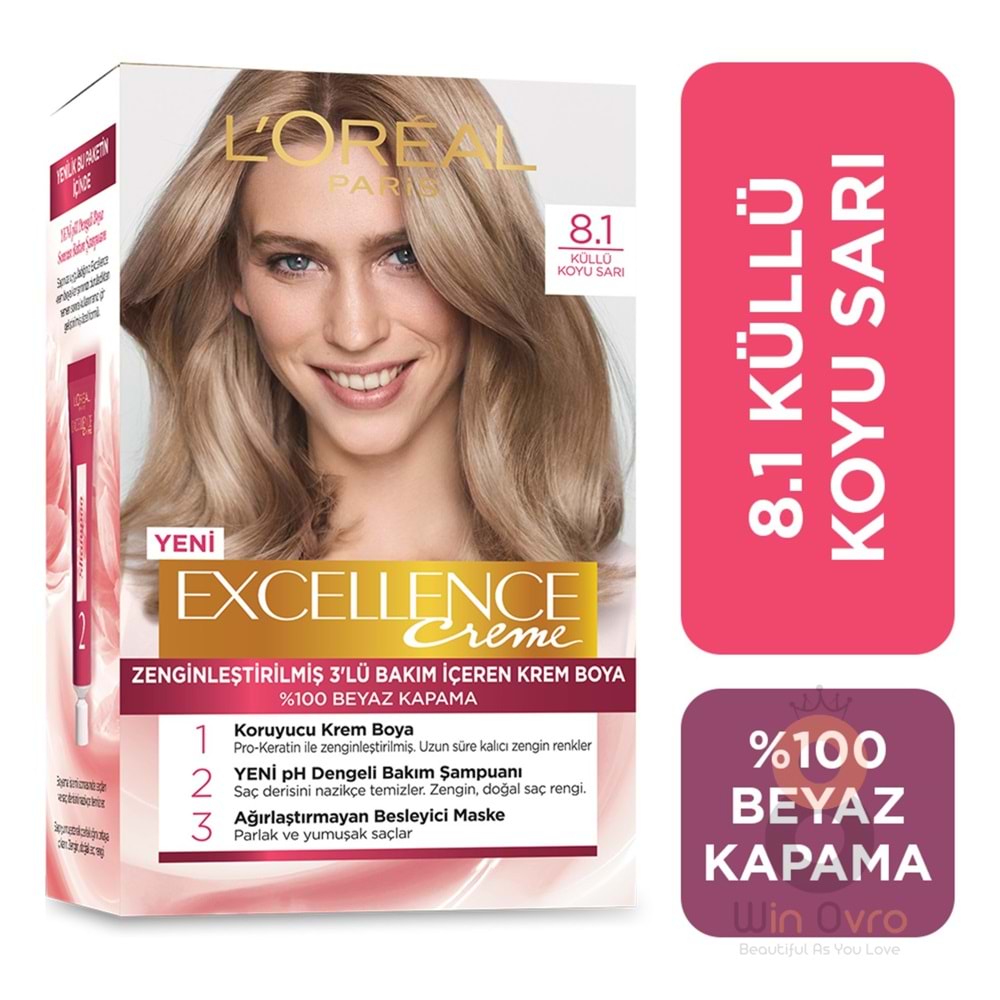 Loreal Paris Excellence Creme Saç Boyası - 8.1 Küllü Koyu Sarı