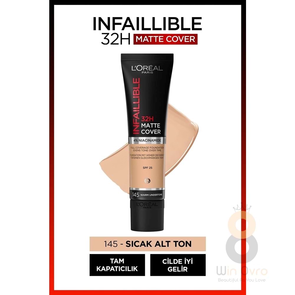 Loreal Paris Infaillible 32h Matte Cover Yüksek Kapatıcı Fondöten - 145 Sıcak Alt Ton
