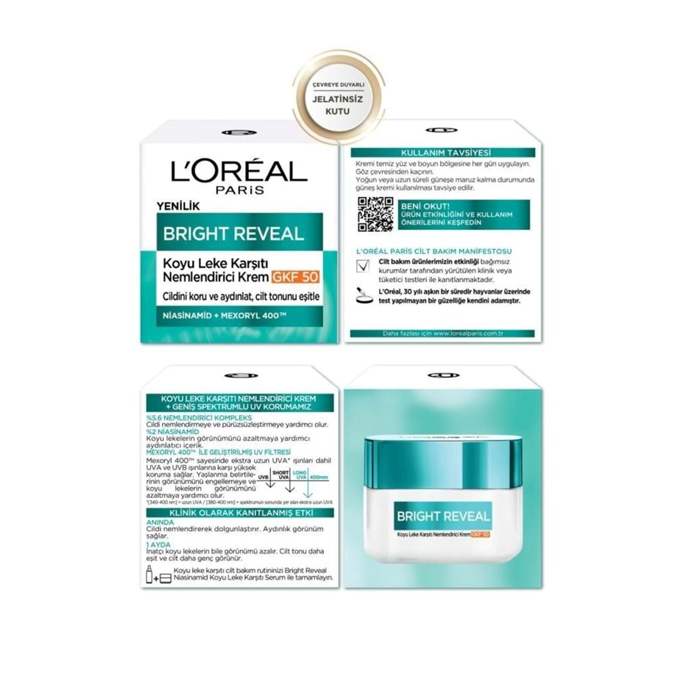 Loreal Paris Bright Reveal Koyu Leke Karşıtı, Cilt Tonu Eşitleyici Spf50 Nemlendirici Krem Niasinamid 50ml