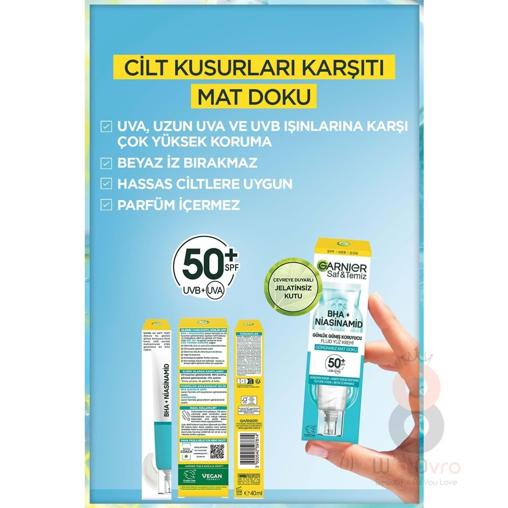 Garnier Saf Ve Temiz Bha Niasinamid Günlük Güneş Koruyucu Fluid Yüz Kremi Spf50 40ml