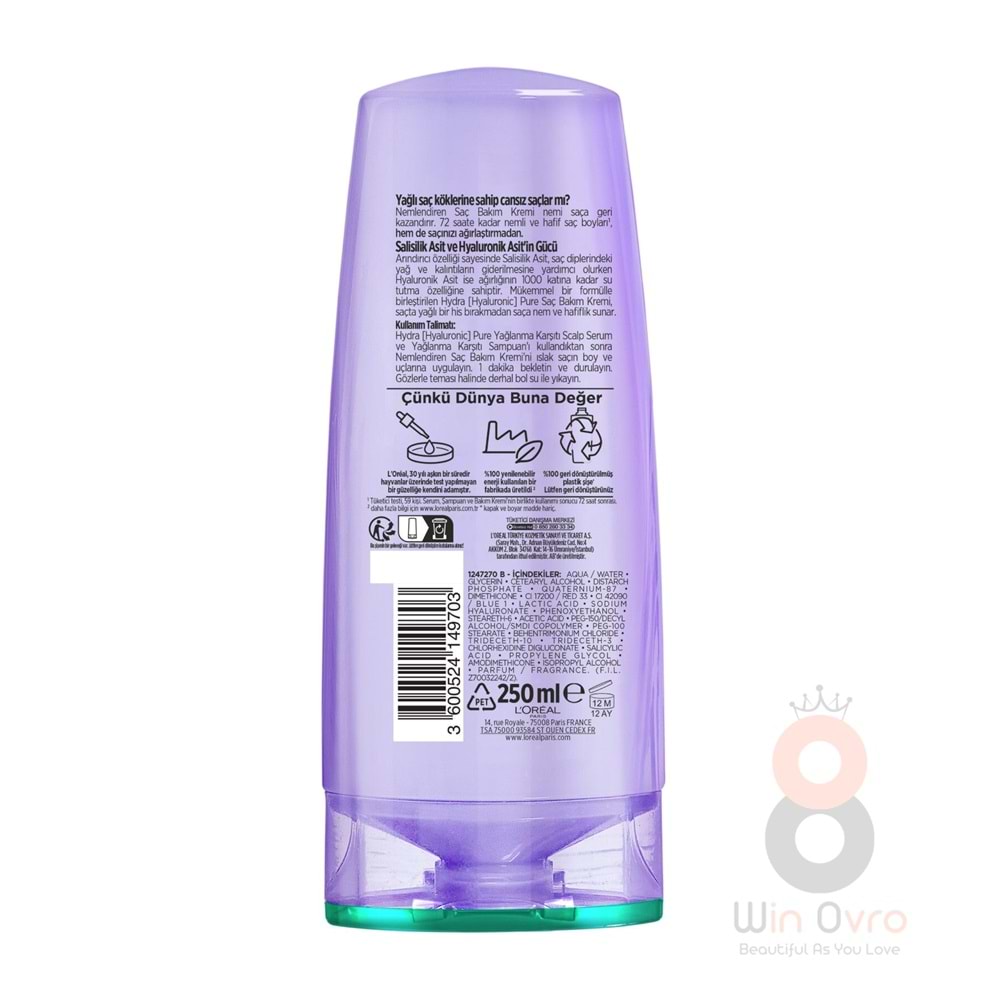 Loreal Paris Elseve Hydra [hyaluronic] Pure Salisilik Asit Içeren Yağlanma Karşıtı Nemlendirici Saç Kremi 250ml