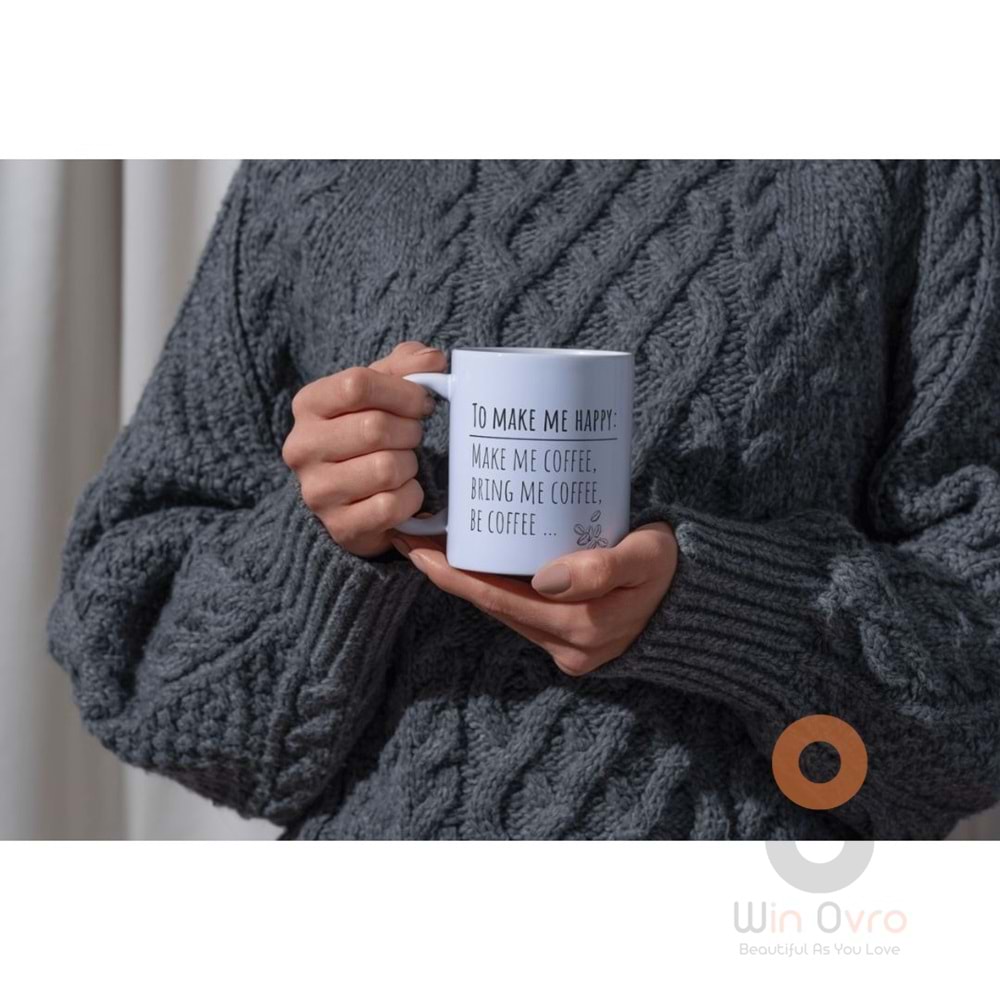 Win Ovro Premium Ultra Beyaz Porselen Kupa Bardak Çift Yönlü Baskılı - Coffee Happy