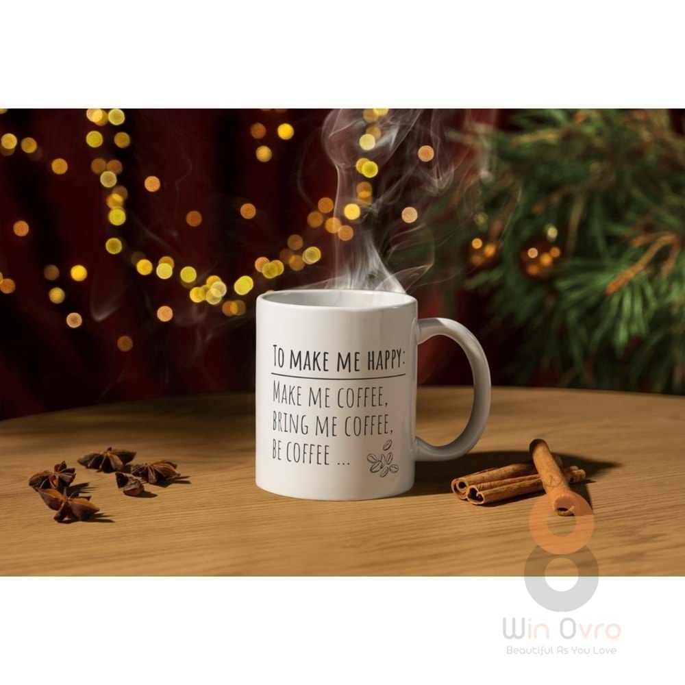 Win Ovro Premium Ultra Beyaz Porselen Kupa Bardak Çift Yönlü Baskılı - Coffee Happy
