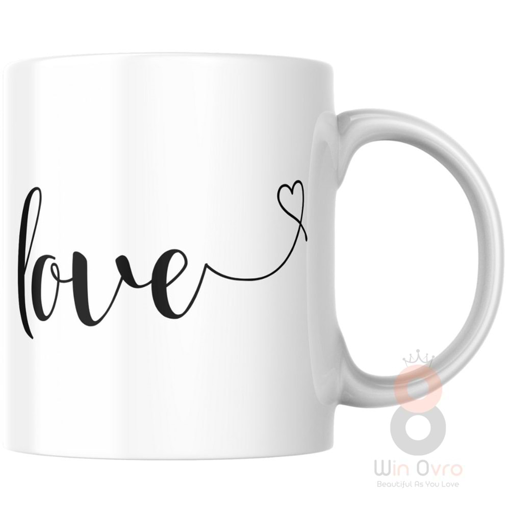 Win Ovro Premium Ultra Beyaz Porselen Kupa Bardak Çift Yönlü Baskılı - Love Kalp