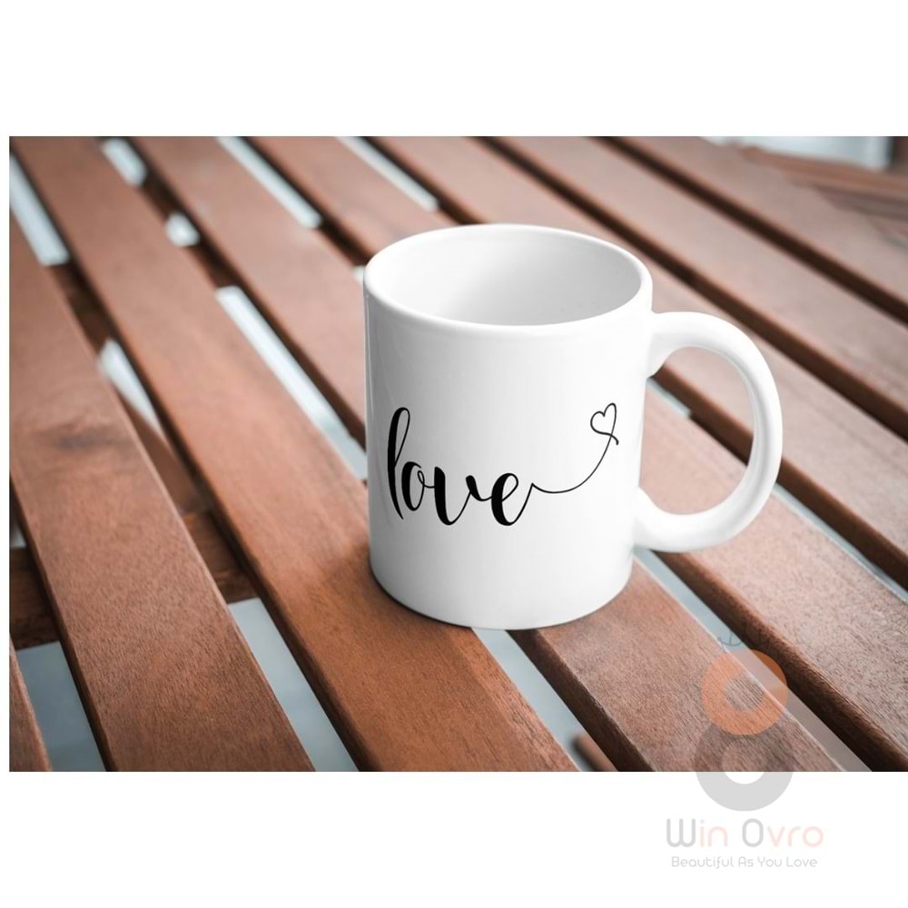 Win Ovro Premium Ultra Beyaz Porselen Kupa Bardak Çift Yönlü Baskılı - Love Kalp
