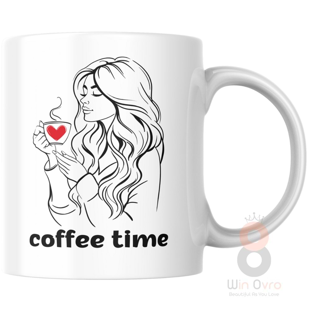 Win Ovro Premium Ultra Beyaz Porselen Kupa Bardak Çift Yönlü Baskılı - Coffee Time