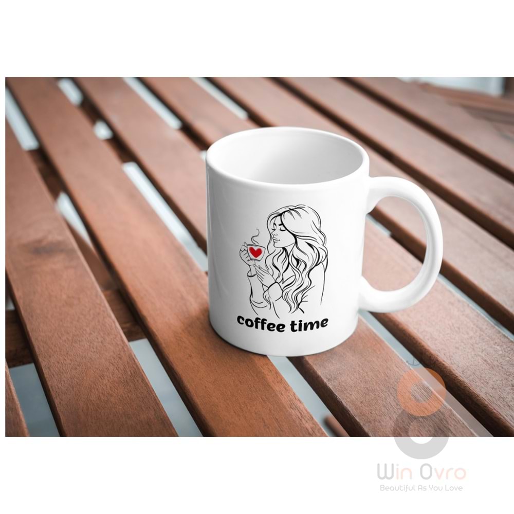 Win Ovro Premium Ultra Beyaz Porselen Kupa Bardak Çift Yönlü Baskılı - Coffee Time