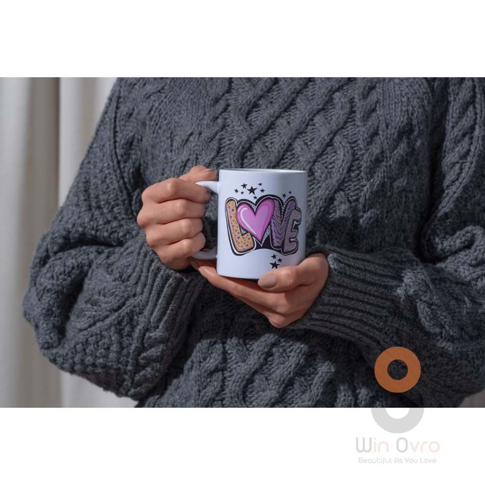 Win Ovro Premium Ultra Beyaz Porselen Kupa Bardak Çift Yönlü Baskılı - Love Yazı Desenli Renkli