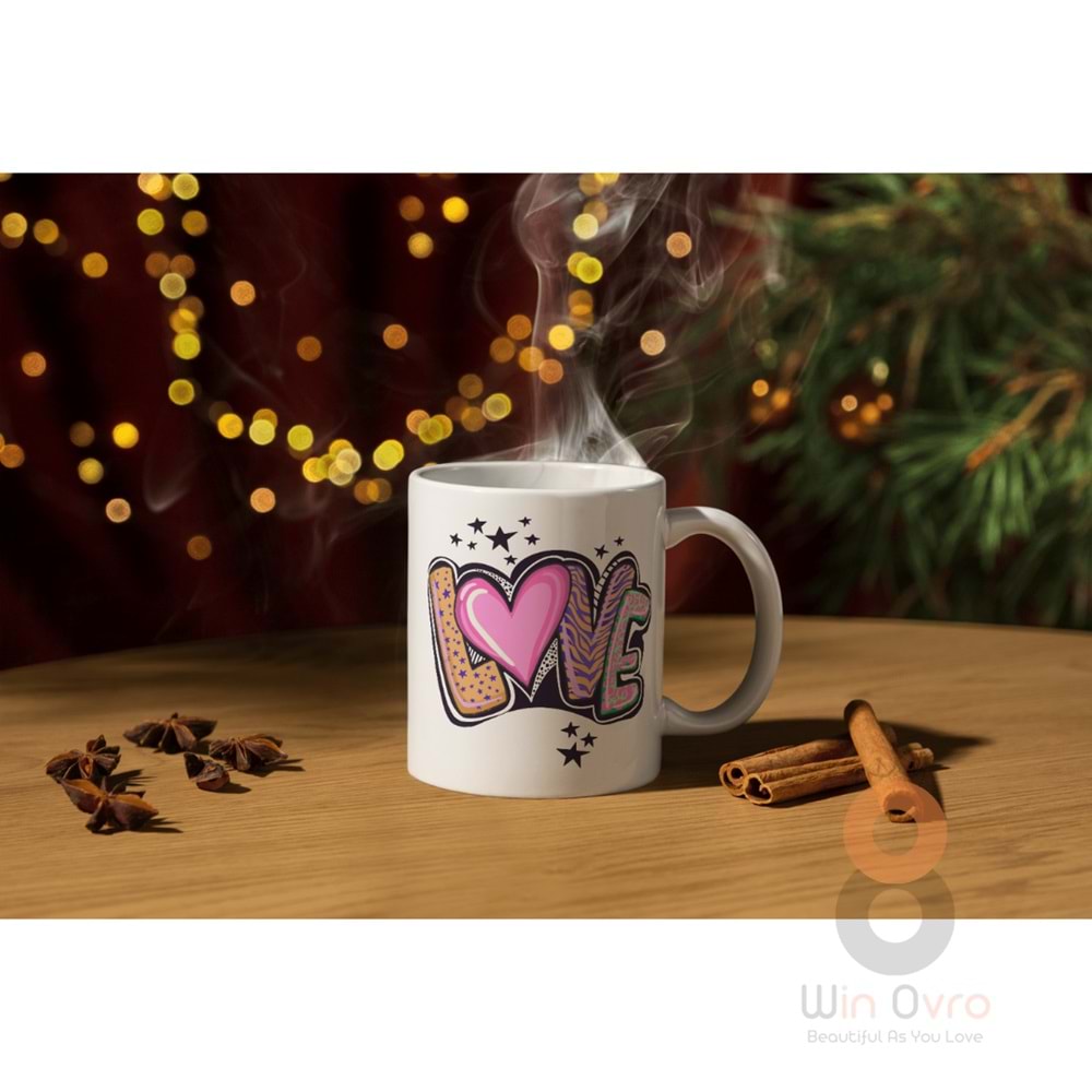 Win Ovro Premium Ultra Beyaz Porselen Kupa Bardak Çift Yönlü Baskılı - Love Yazı Desenli Renkli