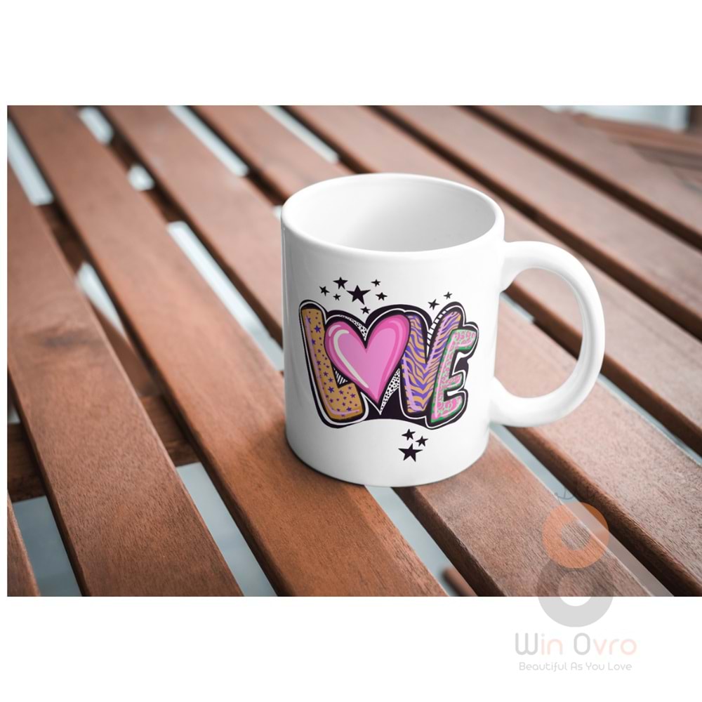 Win Ovro Premium Ultra Beyaz Porselen Kupa Bardak Çift Yönlü Baskılı - Love Yazı Desenli Renkli