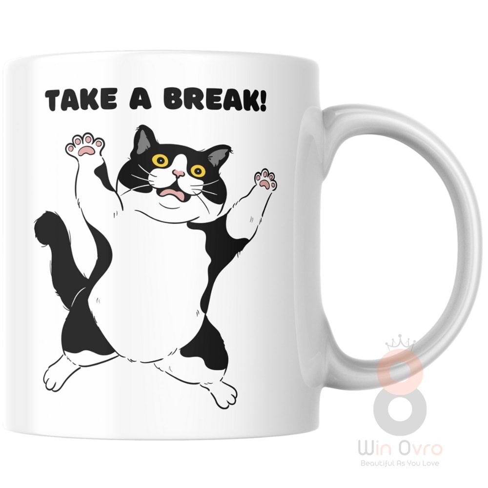 Win Ovro Premium Ultra Beyaz Porselen Kupa Bardak Çift Yönlü Baskılı - Take A Break Coffee