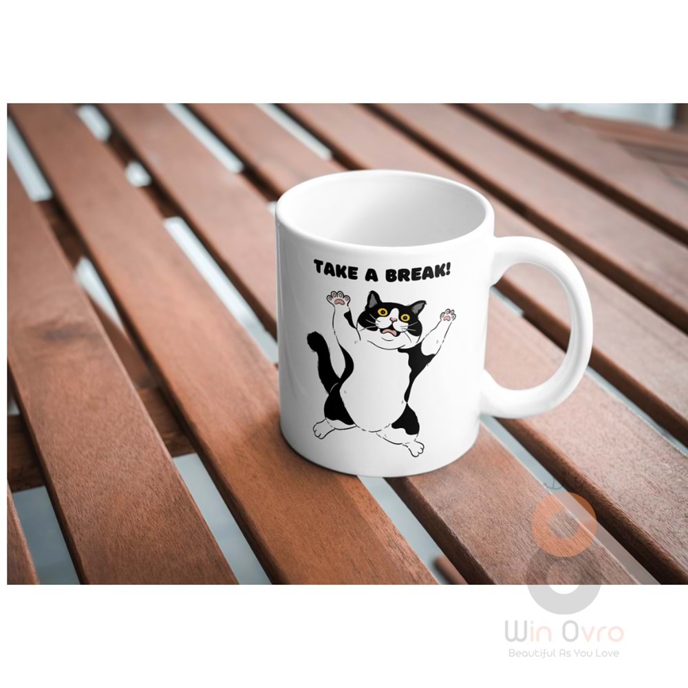 Win Ovro Premium Ultra Beyaz Porselen Kupa Bardak Çift Yönlü Baskılı - Take A Break Coffee