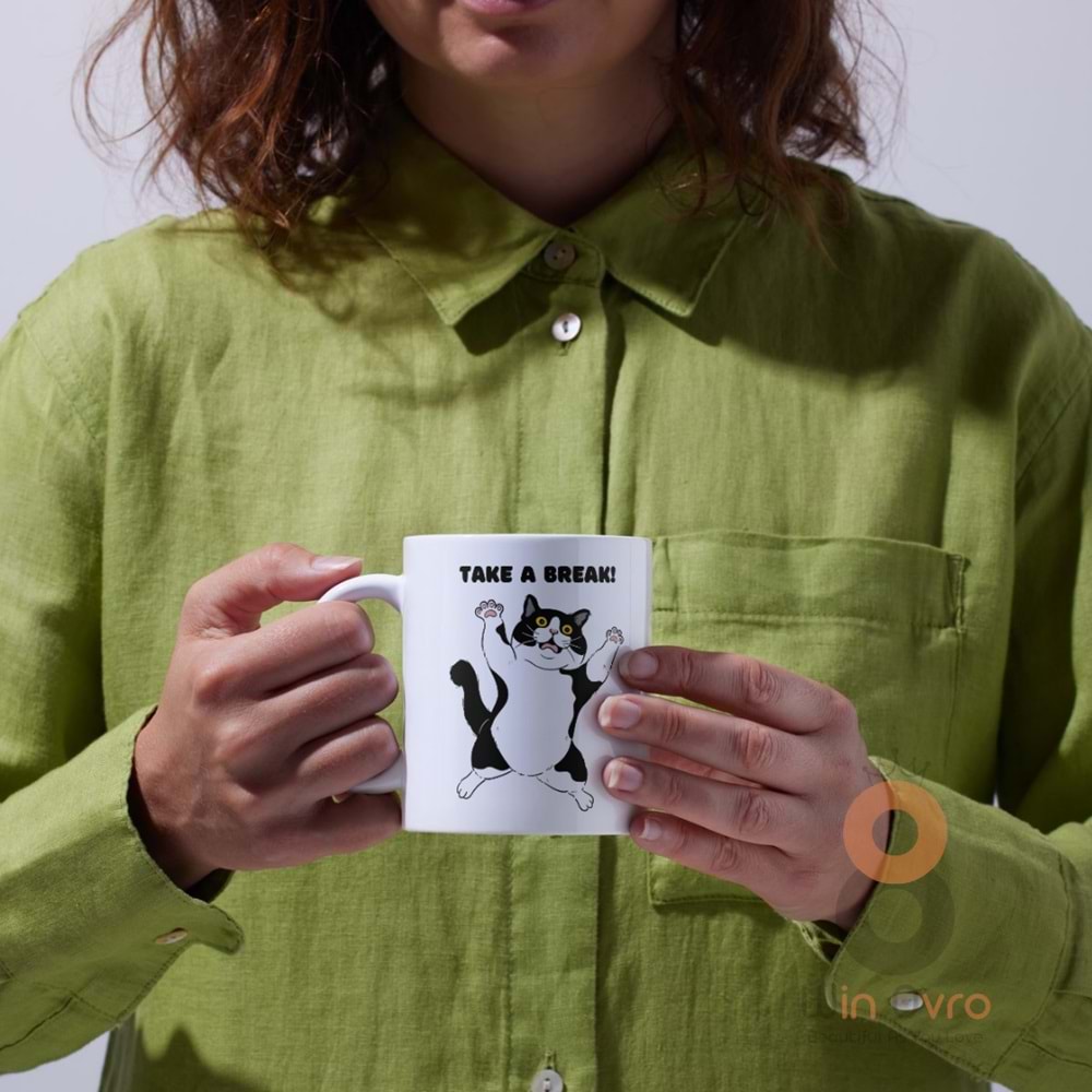 Win Ovro Premium Ultra Beyaz Porselen Kupa Bardak Çift Yönlü Baskılı - Take A Break Coffee