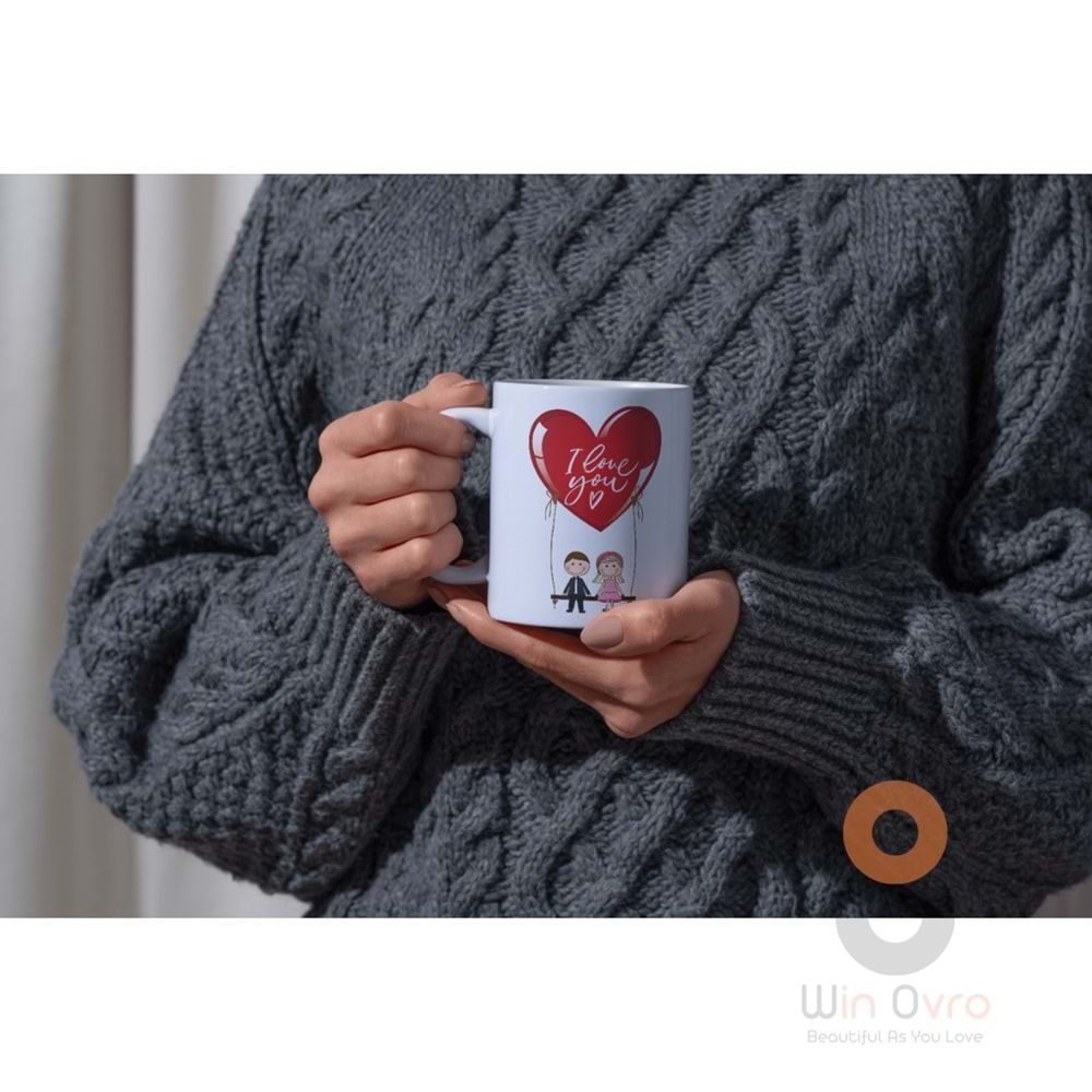 Win Ovro Premium Ultra Beyaz Porselen Kupa Bardak Çift Yönlü Baskılı - Love You Salıncak