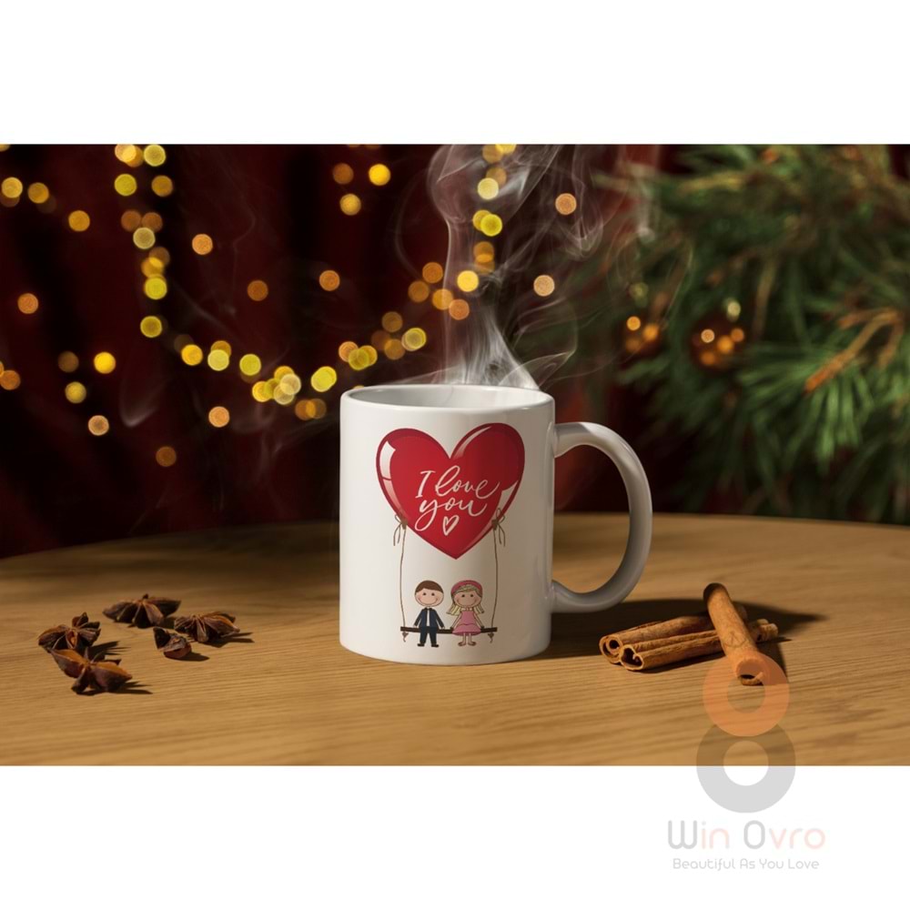 Win Ovro Premium Ultra Beyaz Porselen Kupa Bardak Çift Yönlü Baskılı - Love You Salıncak