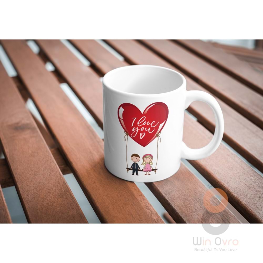Win Ovro Premium Ultra Beyaz Porselen Kupa Bardak Çift Yönlü Baskılı - Love You Salıncak