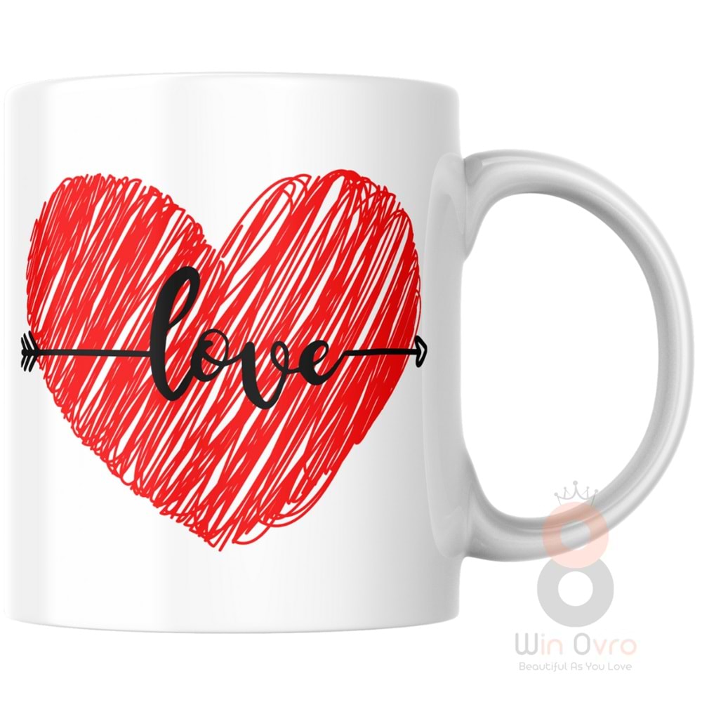 Win Ovro Premium Ultra Beyaz Porselen Kupa Bardak Çift Yönlü Baskılı - Aşk Sevgili Love Kalp