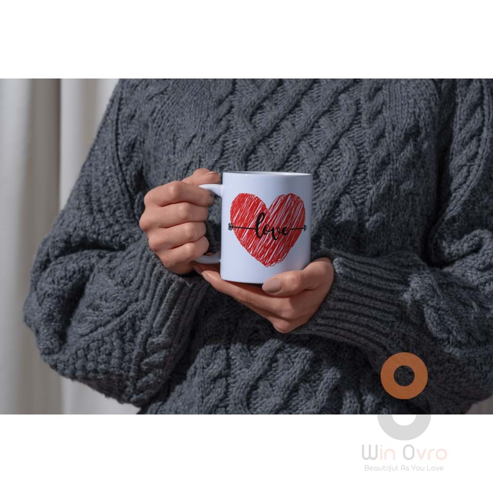 Win Ovro Premium Ultra Beyaz Porselen Kupa Bardak Çift Yönlü Baskılı - Aşk Sevgili Love Kalp