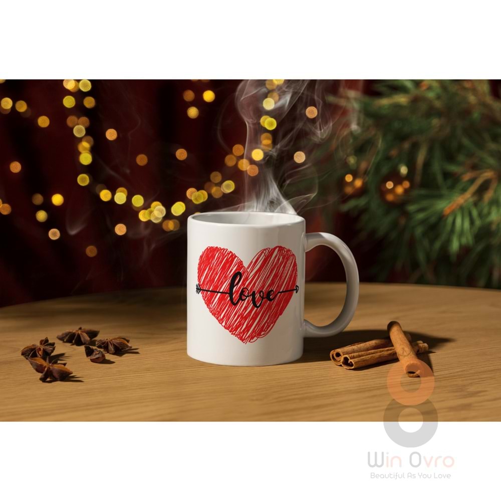 Win Ovro Premium Ultra Beyaz Porselen Kupa Bardak Çift Yönlü Baskılı - Aşk Sevgili Love Kalp