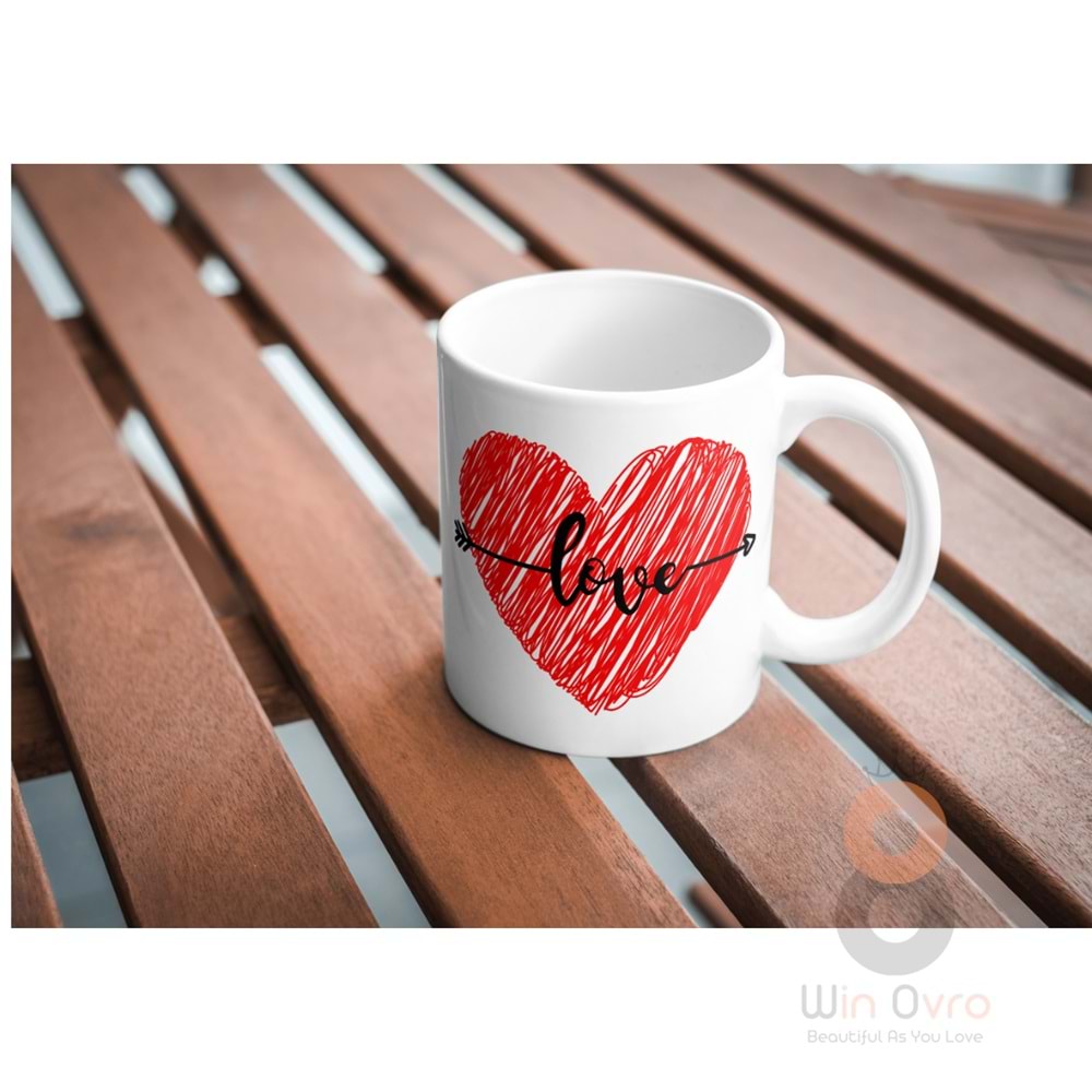 Win Ovro Premium Ultra Beyaz Porselen Kupa Bardak Çift Yönlü Baskılı - Aşk Sevgili Love Kalp