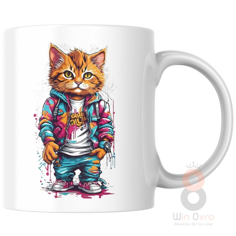 Win Ovro Premium Ultra Beyaz Porselen Kupa Bardak Çift Yönlü Baskı - Kedi Cat Renkli Art Tasarım