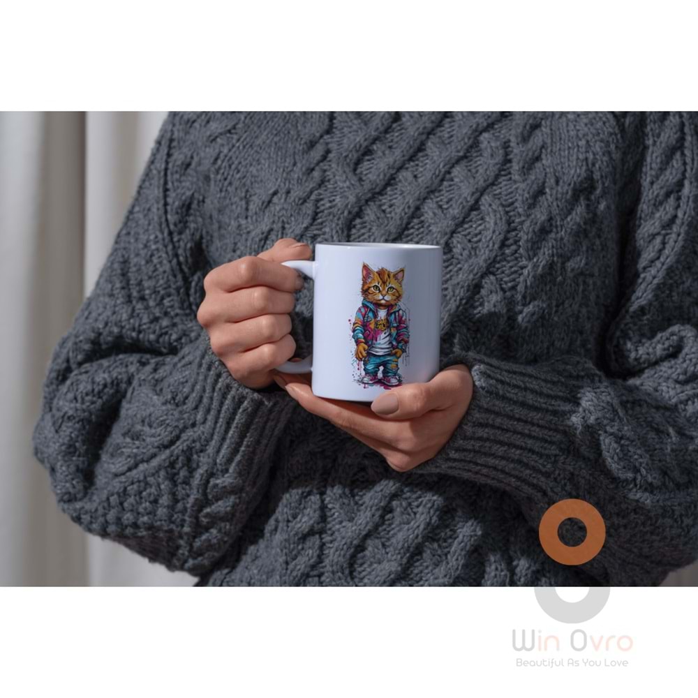 Win Ovro Premium Ultra Beyaz Porselen Kupa Bardak Çift Yönlü Baskı - Kedi Cat Renkli Art Tasarım