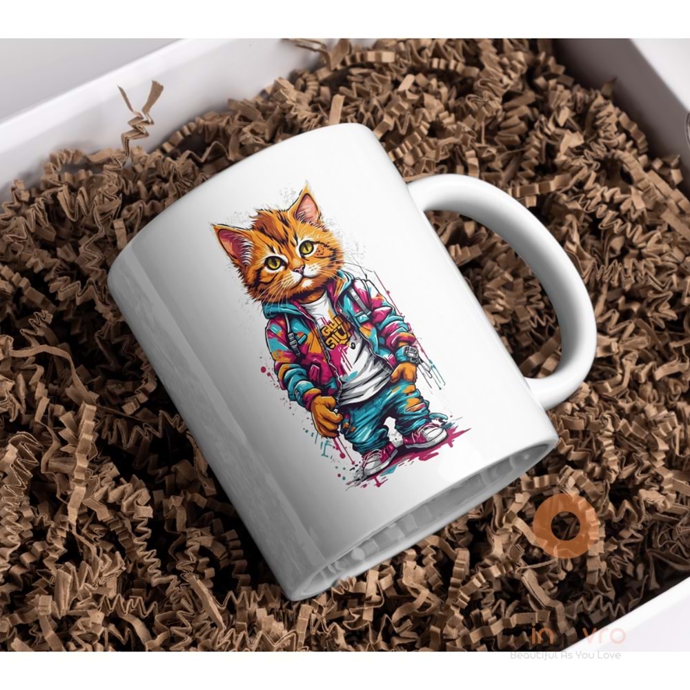 Win Ovro Premium Ultra Beyaz Porselen Kupa Bardak Çift Yönlü Baskı - Kedi Cat Renkli Art Tasarım