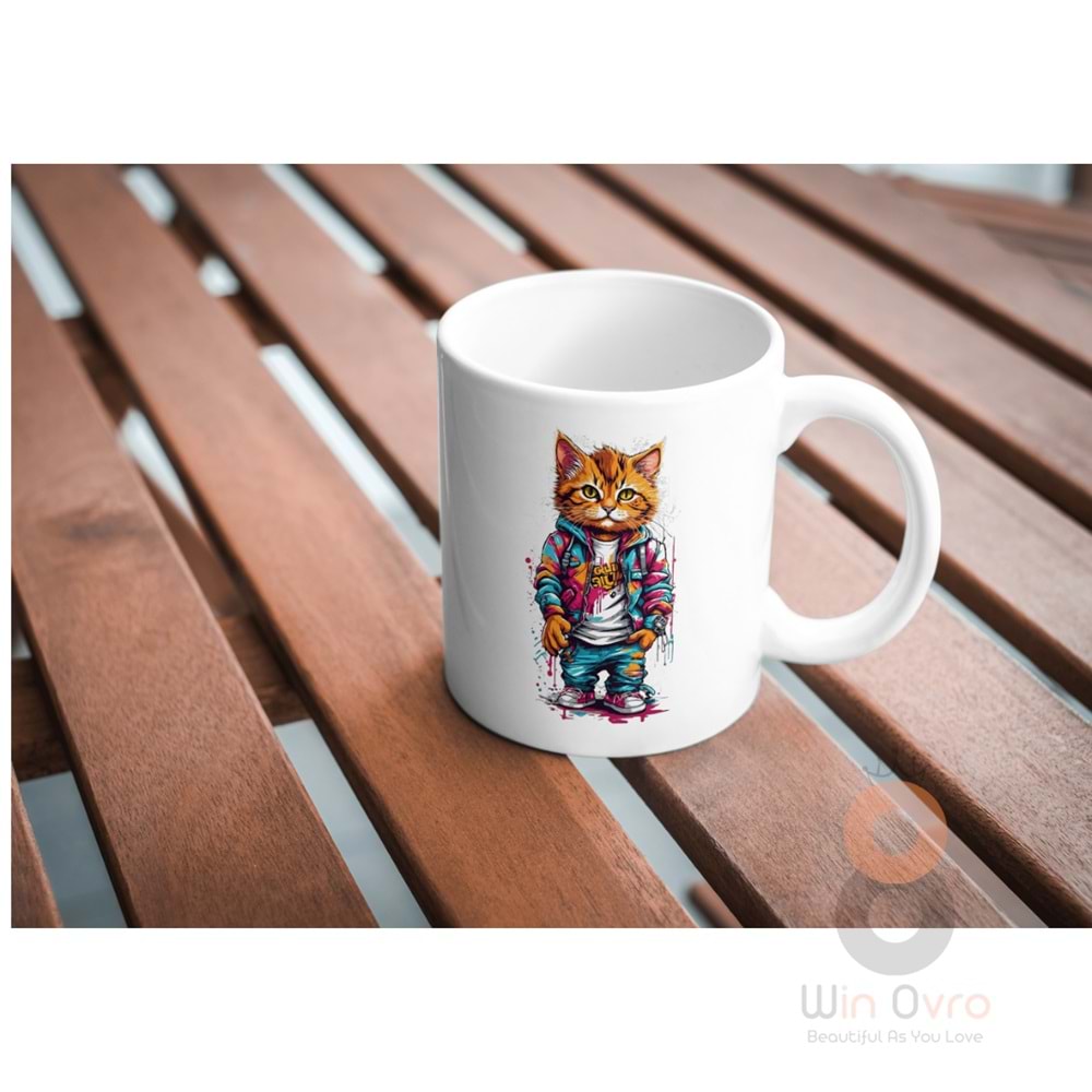 Win Ovro Premium Ultra Beyaz Porselen Kupa Bardak Çift Yönlü Baskı - Kedi Cat Renkli Art Tasarım