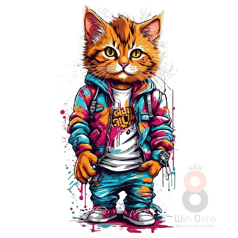 Win Ovro Premium Ultra Beyaz Porselen Kupa Bardak Çift Yönlü Baskı - Kedi Cat Renkli Art Tasarım