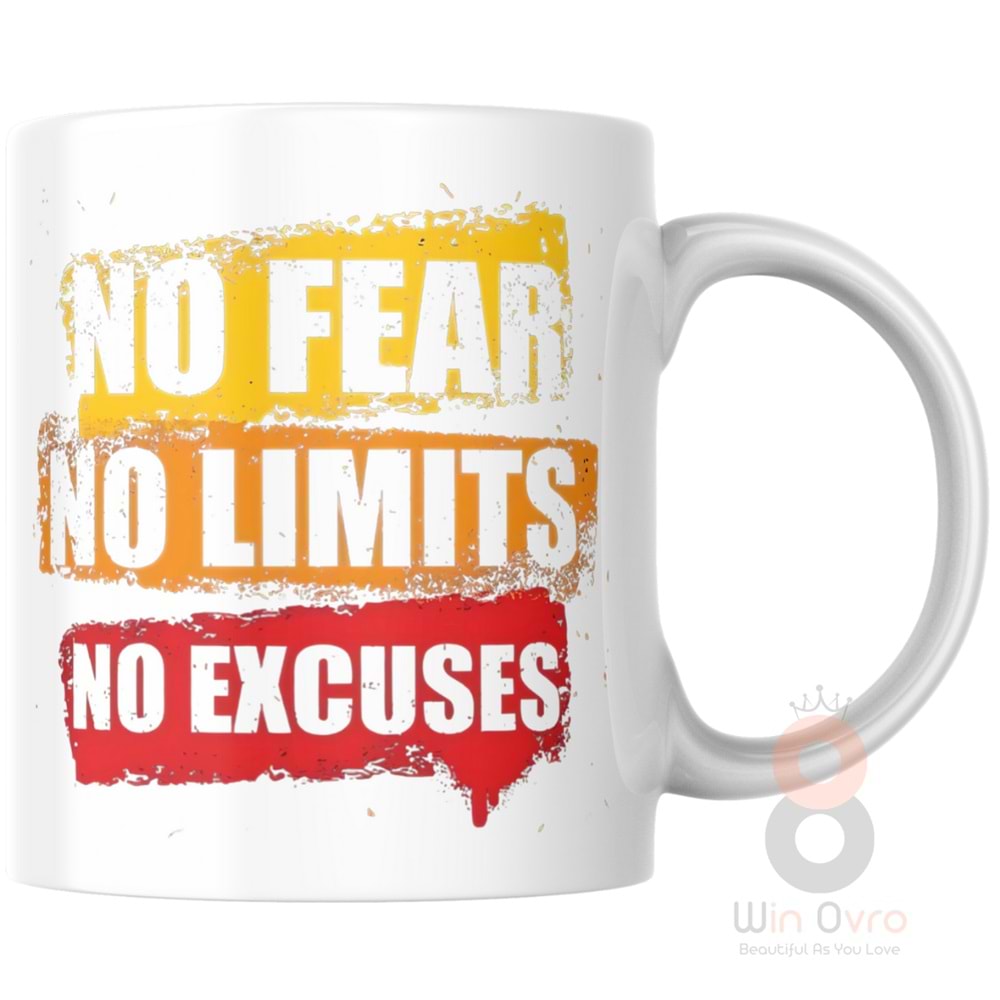 Win Ovro Premium Beyaz Porselen Hediye Kupa Bardak Çift Yön Baskı - No Fear No Limits No Excuses