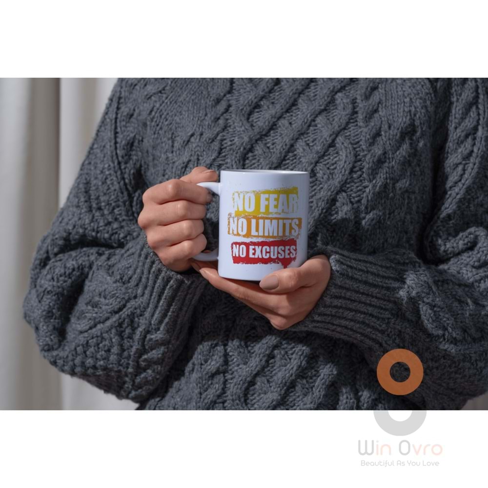 Win Ovro Premium Beyaz Porselen Hediye Kupa Bardak Çift Yön Baskı - No Fear No Limits No Excuses