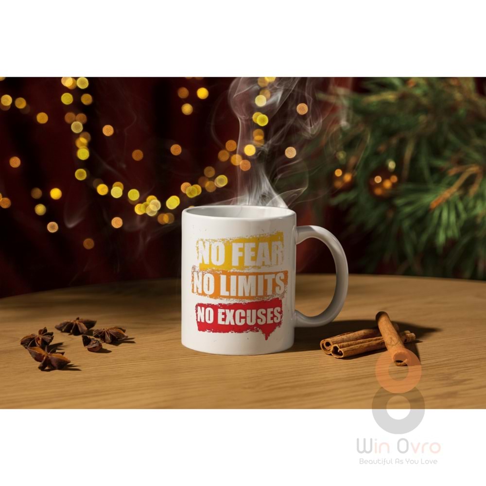 Win Ovro Premium Beyaz Porselen Hediye Kupa Bardak Çift Yön Baskı - No Fear No Limits No Excuses