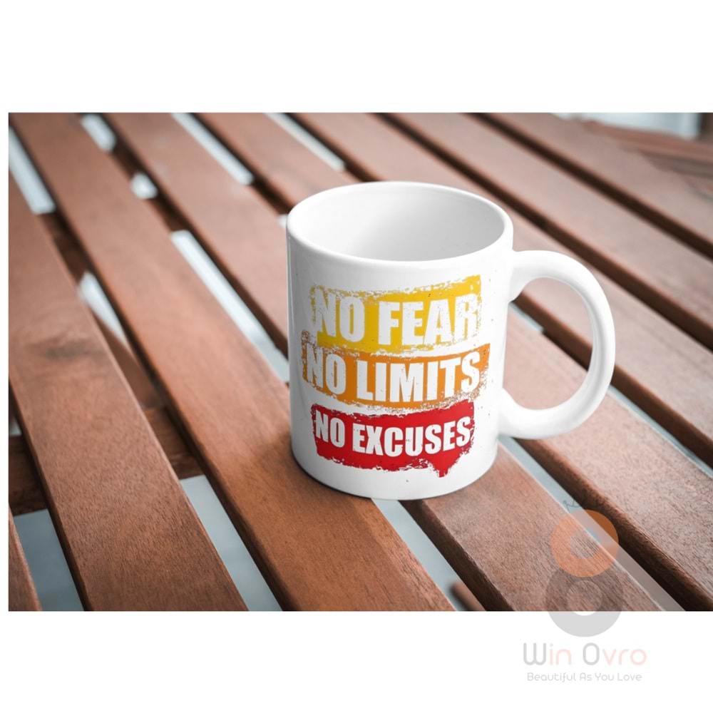 Win Ovro Premium Beyaz Porselen Hediye Kupa Bardak Çift Yön Baskı - No Fear No Limits No Excuses