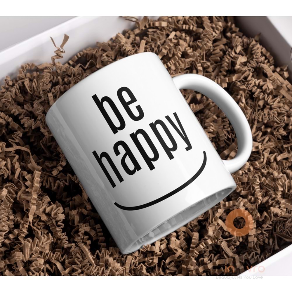 Win Ovro Premium Beyaz Porselen Hediye Kupa Bardak Çift Yön Baskı - Be Happy
