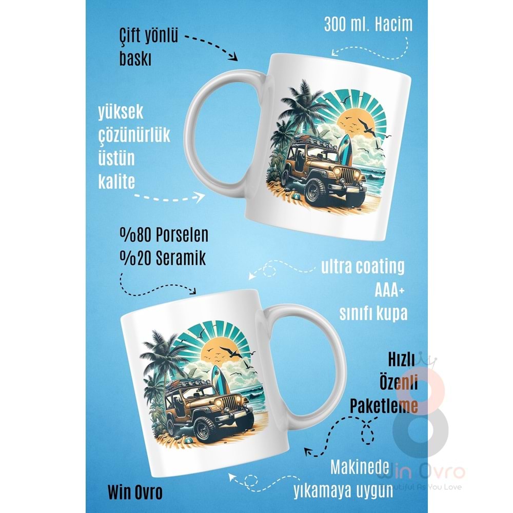 Win Ovro Premium Beyaz Porselen Hediye Kupa Bardak Çift Yön Baskı - Off Road Rüyası