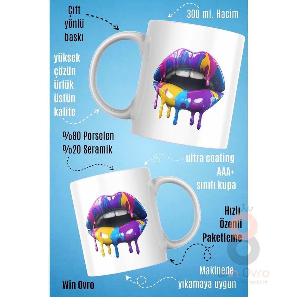 Win Ovro Premium Beyaz Porselen Hediye Kupa Bardak Çift Yön Baskı - Sanatsal Dudaklar Artistic Lips