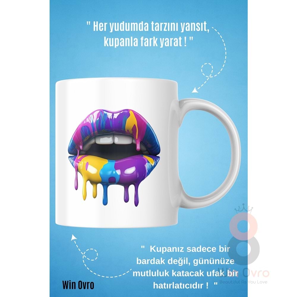 Win Ovro Premium Beyaz Porselen Hediye Kupa Bardak Çift Yön Baskı - Sanatsal Dudaklar Artistic Lips