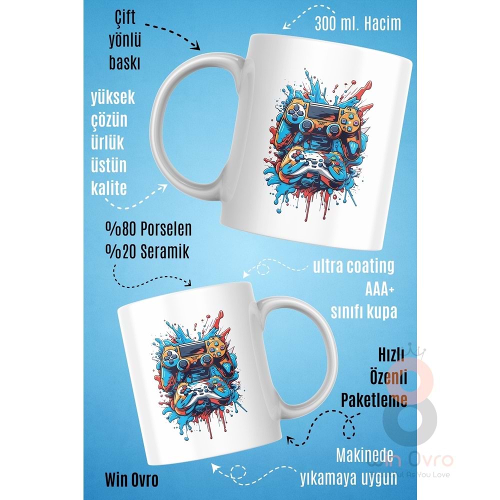 Win Ovro Premium Beyaz Porselen Hediye Kupa Bardak Çift Yön Baskı - Joystick Fırtınası PS Kol Art