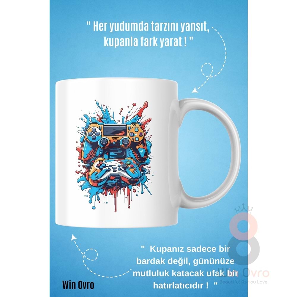 Win Ovro Premium Beyaz Porselen Hediye Kupa Bardak Çift Yön Baskı - Joystick Fırtınası PS Kol Art