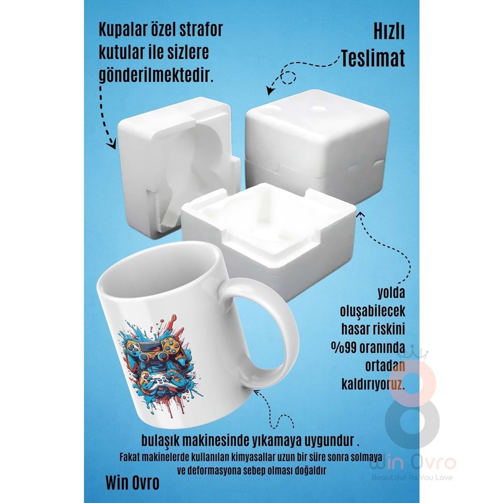 Win Ovro Premium Beyaz Porselen Hediye Kupa Bardak Çift Yön Baskı - Joystick Fırtınası PS Kol Art