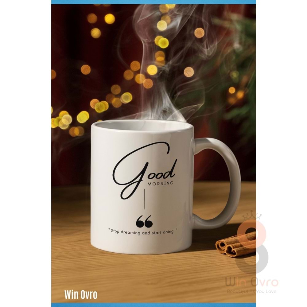 Win Ovro Premium Beyaz Porselen Hediye Kupa Bardak Çift Yön Baskı - Good Morning Dream