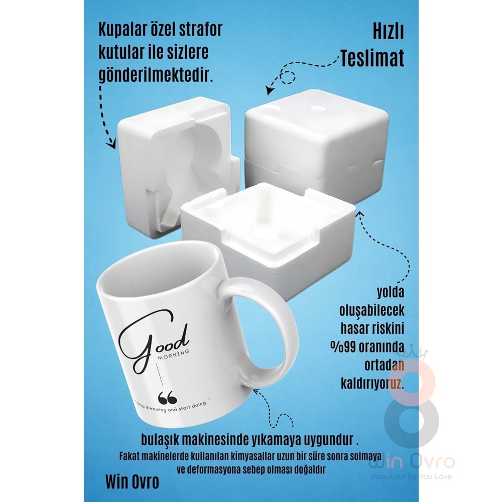 Win Ovro Premium Beyaz Porselen Hediye Kupa Bardak Çift Yön Baskı - Good Morning Dream